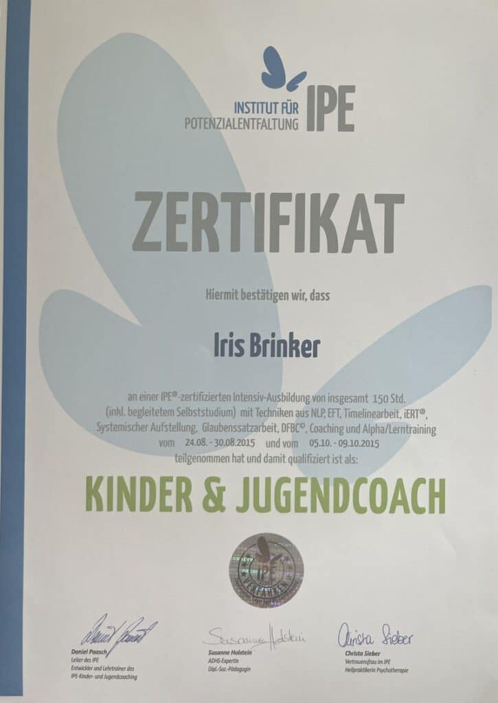 Iris Brinker ist zertifizierter Kinder- und Jugendcoach (IPE Akademie)