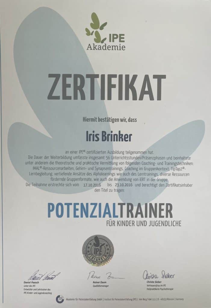 Iris Brinker ist zertifizierter Potenzialtrainer für Kinder und Jugendliche (IPE Akademie)