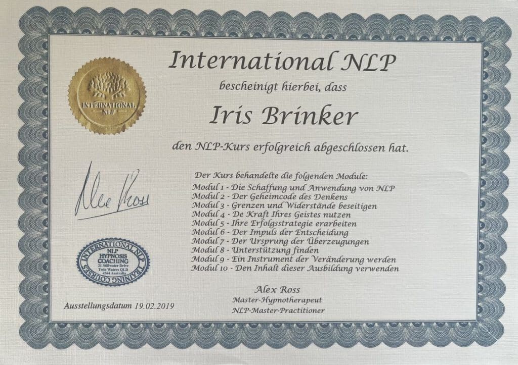 Iris Brinker hat einen Kurs für NLP erfolgreich absolviert (International NLP Training Courses)